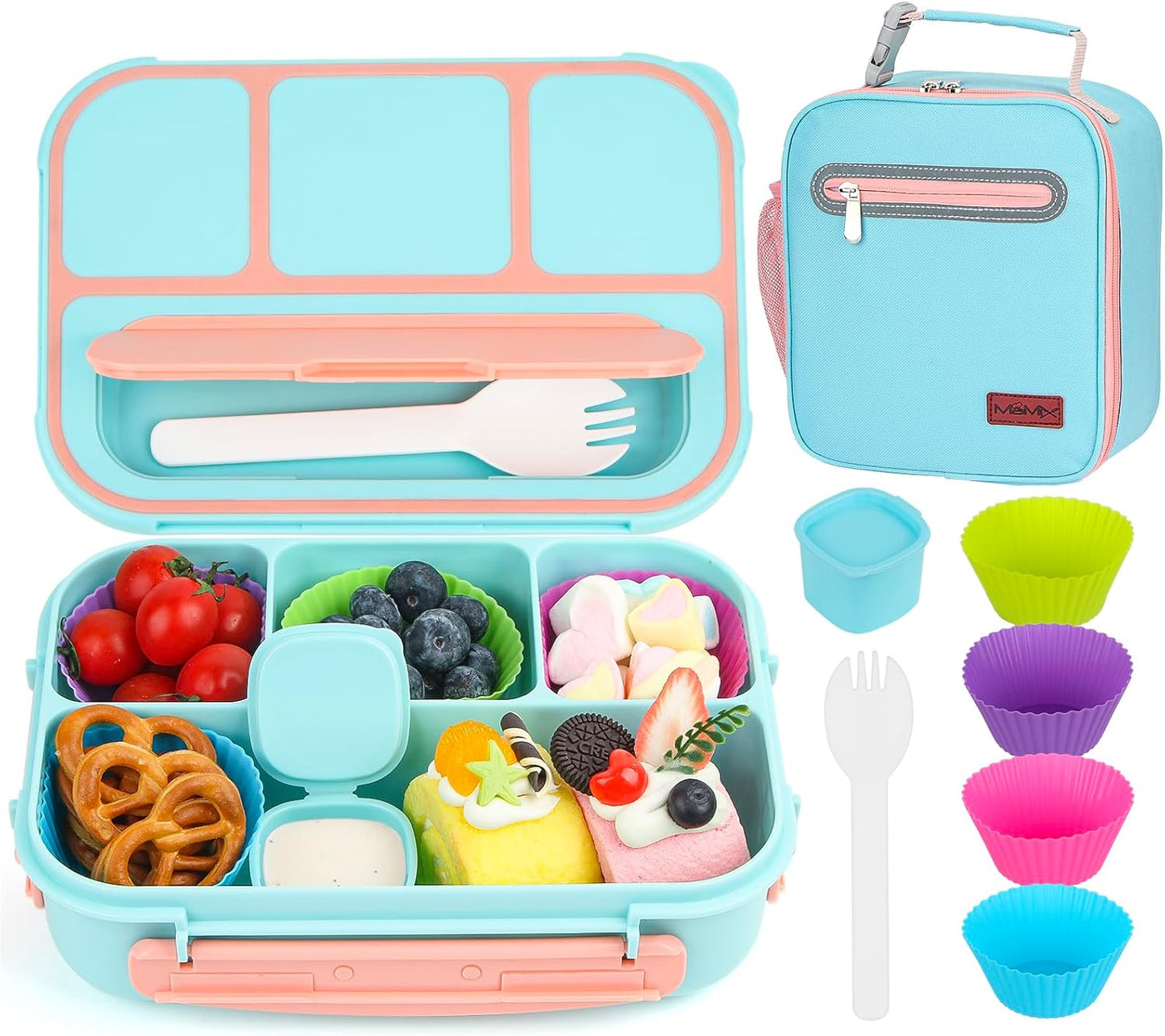 MaMix Bento Lunch Box for Kids, Lunchable Containers for Kids Adults with 4 Compartments + Lunch Bag, with Utensils, Sauce Jar, Muffin Liners (blue set)