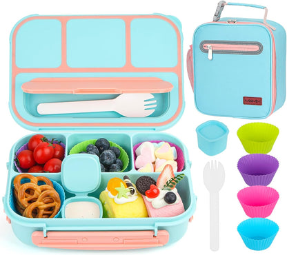 MaMix Bento Lunch Box for Kids, Lunchable Containers for Kids Adults with 4 Compartments + Lunch Bag, with Utensils, Sauce Jar, Muffin Liners (blue set)