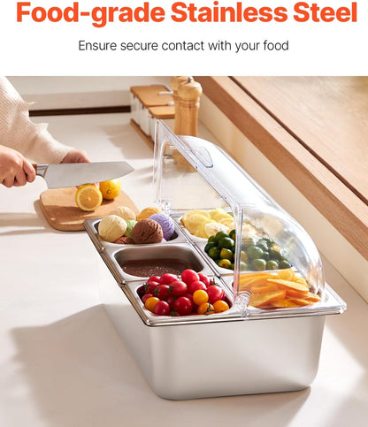VEVOR Chilled Condiment Server Caddy, 5 Compartment Ice Cooled Serving Container, Plastic Fruit Garnish Tray Platter with Lid, for Taco Salad Bar Accessories, Party Home Restaurant Supplies