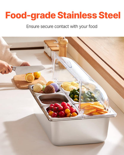 VEVOR Chilled Condiment Server, 4 Compartment Ice Cooled Condiment Serving Container, Chilled Garnish Tray Bar Caddy with Lid, for Bartending & Serving Taco, Salad, Fruit, Home & Restaurant Supplies