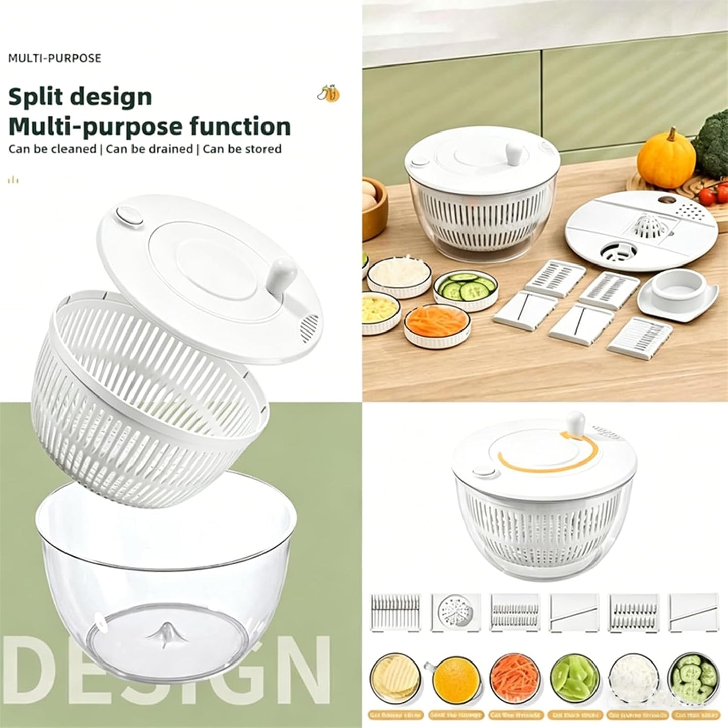 Ceruaxb Salad Spinner Chopper Large with 5 Blades Slicer, Vegetables Fruits Wash Bowl, Lettuce Spinner and Dryer, Egg Yolk Strainer Slicer Shredder for Kitchen Colander, 5.3 Qt, Green