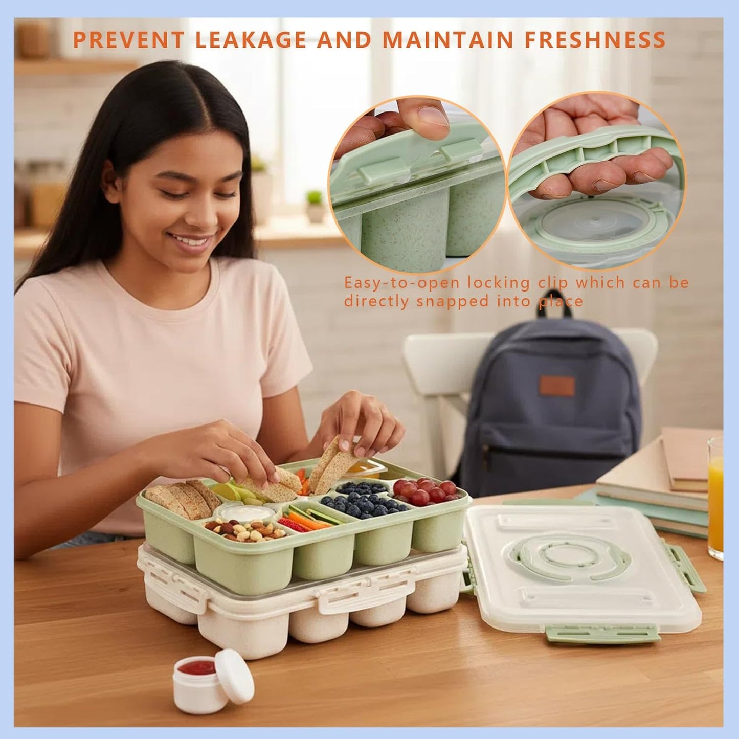 Snackle Box Container/Snack Box with Lid & Handle - Divided Serving Tray for Charcuterie Board, Fruit, Candy & Veggies - Snack Containers for Travel, Picnic & Road Trip, Wheat Straw, 2pcs