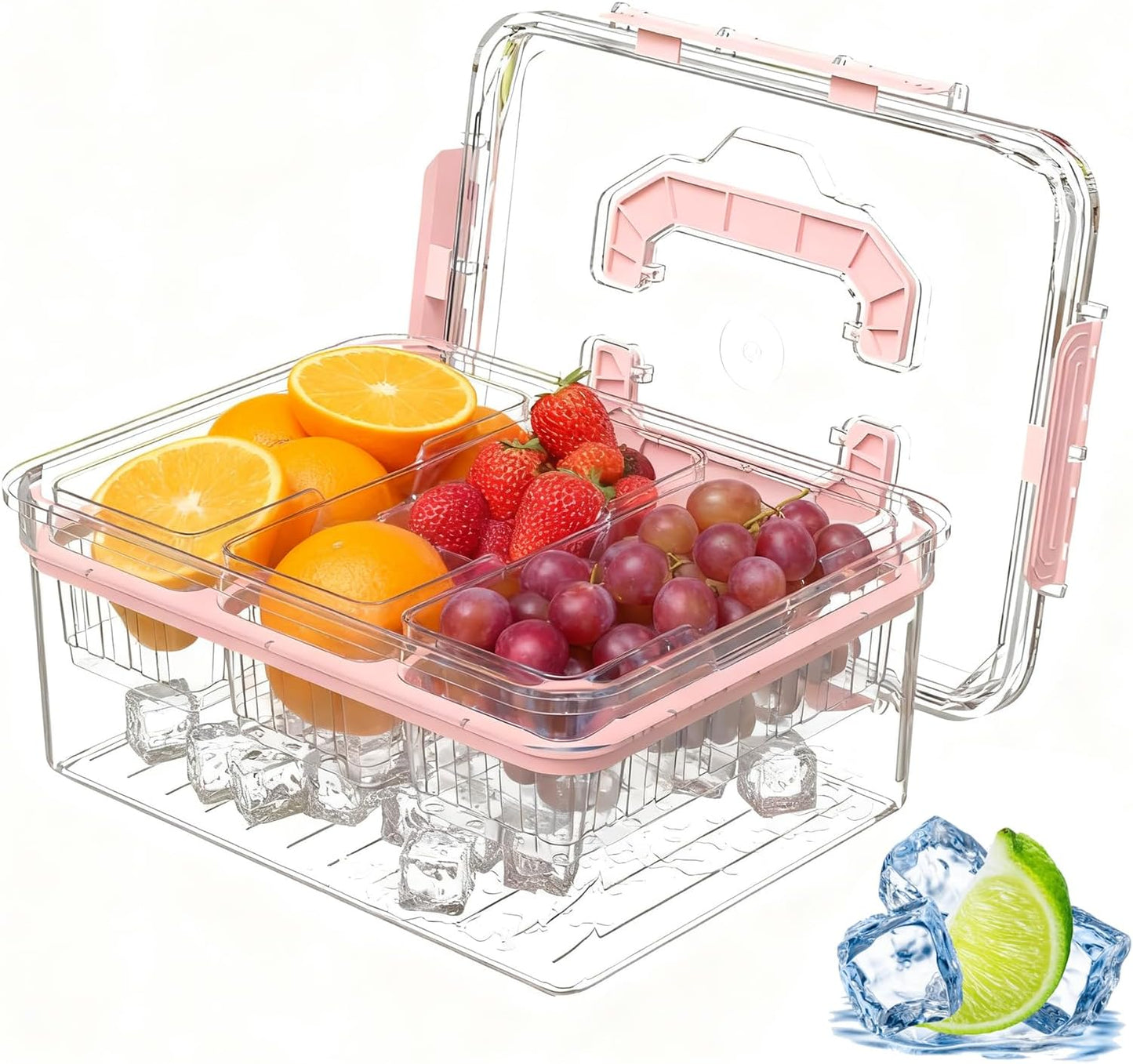 Sorgion Ice Chilled Condiment Caddy with Portable Handle, 5 Compartment Serving Tray with Built-in Bread Slicer and Ice Chamber, Clear Garnish Tray for Bar, Taco Party, BBQ, Picnic & Fruit Pink