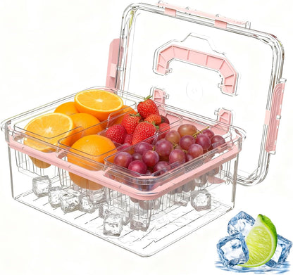 Sorgion Ice Chilled Condiment Caddy with Portable Handle, 5 Compartment Serving Tray with Built-in Bread Slicer and Ice Chamber, Clear Garnish Tray for Bar, Taco Party, BBQ, Picnic & Fruit Pink