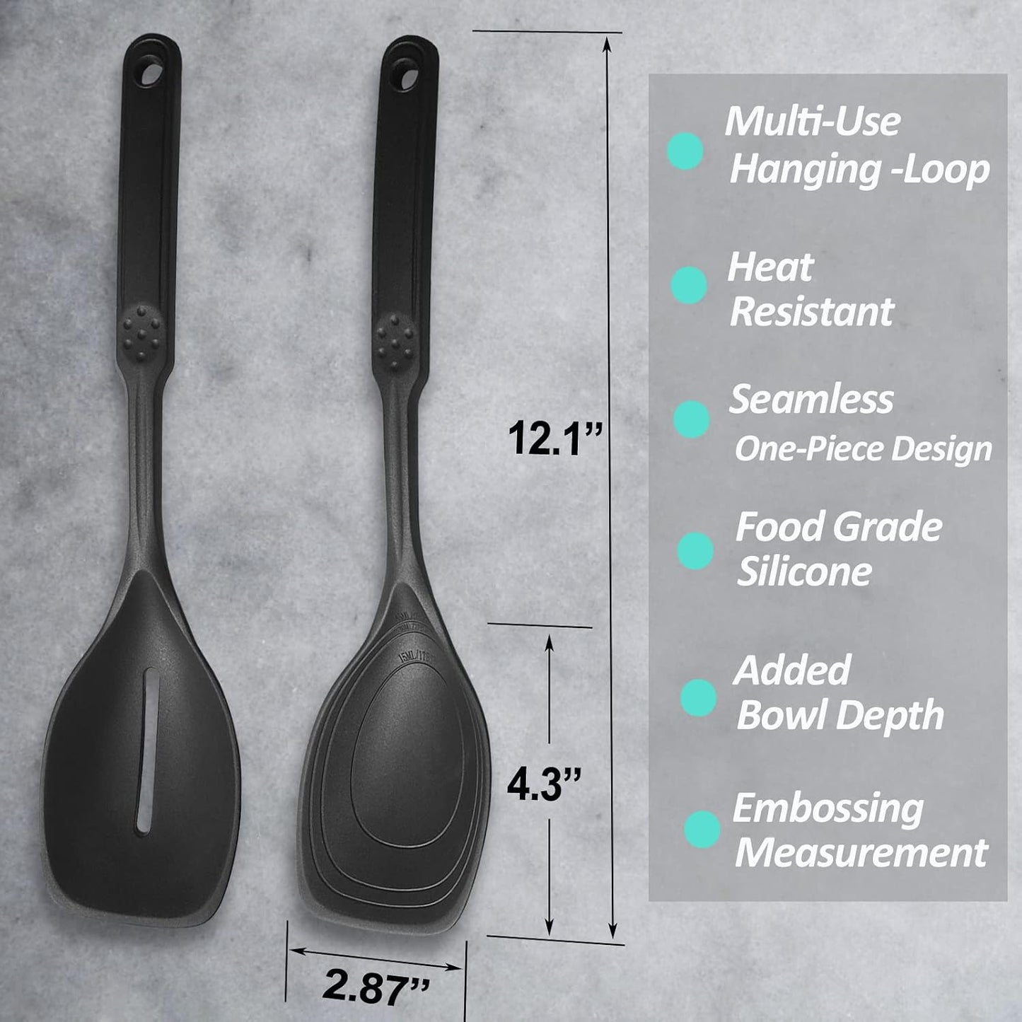 Large Silicone Cooking Spoon, Non-Stick Solid Spoon set with Deep Bolw and Measurement Mark for Mixing, Serving, Draining, Scooping, Scraping, Heat Resistant Kitchen Utensils, Black