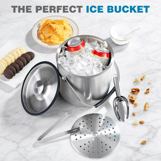 FrutPunch 4L Ice Bucket with Lid, Scoop, Tongs and Strainer, Double Wall Stainless Steel Ice Buckets for Parties, Cocktail Bar, Chilling Wine, Champagne, Large Outdoor Champagne Ice Container