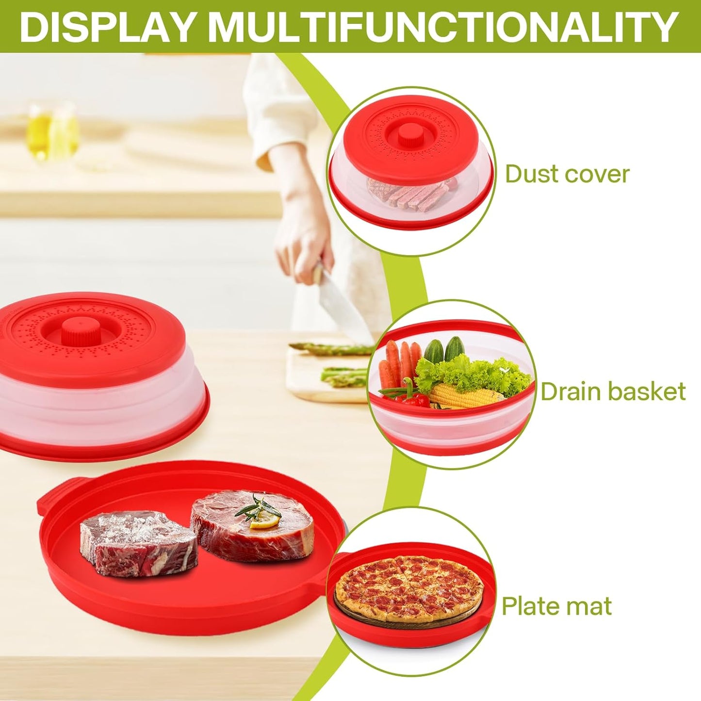 Microwave Splatter Cover for Food with Anti-scald Base Plate,Large Plastic & Silicone Vented Avoid Scalding Collapsible Guard Lid, Plate & Kitchen Colander for Meal Prep-10.7 Inch (2pcs-Gray-Black)