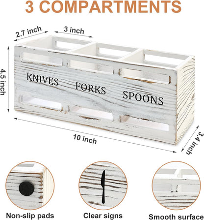Wooden Silverware Cutlery Holder White Flatware Caddy Small Kitchen Utensil Holders for Party Wood Silverware Organizer Storage for Table Countertop Spoon and Fork Holder Utensils Caddy Basket