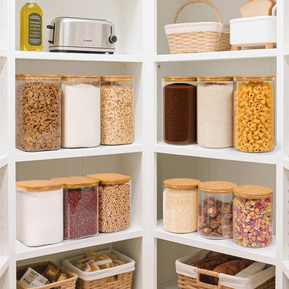 ComSaf Glass Storage Jars with Bamboo Lids 4.6 Qt 2 Pack Large Wide Mouth | Pantry organization, Flour Sugar Coffee Beans, Pasta Cereal Dry Food, 1.2 Gallon, Cabinet Organization, Dry Food Storage