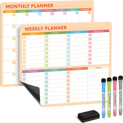 Magnetic Whiteboard Calendar for Fridge – 2-Pack Monthly & Weekly Planners (14”x12”) – Dry Erase Boards with Notes Section, Shaded Dates – Includes 4 Markers & Magnetic Eraser