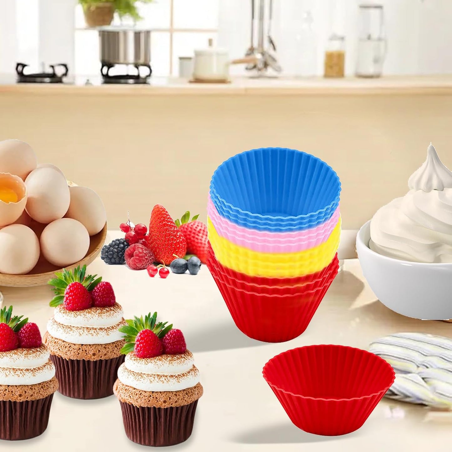 12 Pack Reusable Silicone Cupcake Liners Baking Cups Liners Non-Stick Cake Molds Sets for Lunch Wedding Engagement