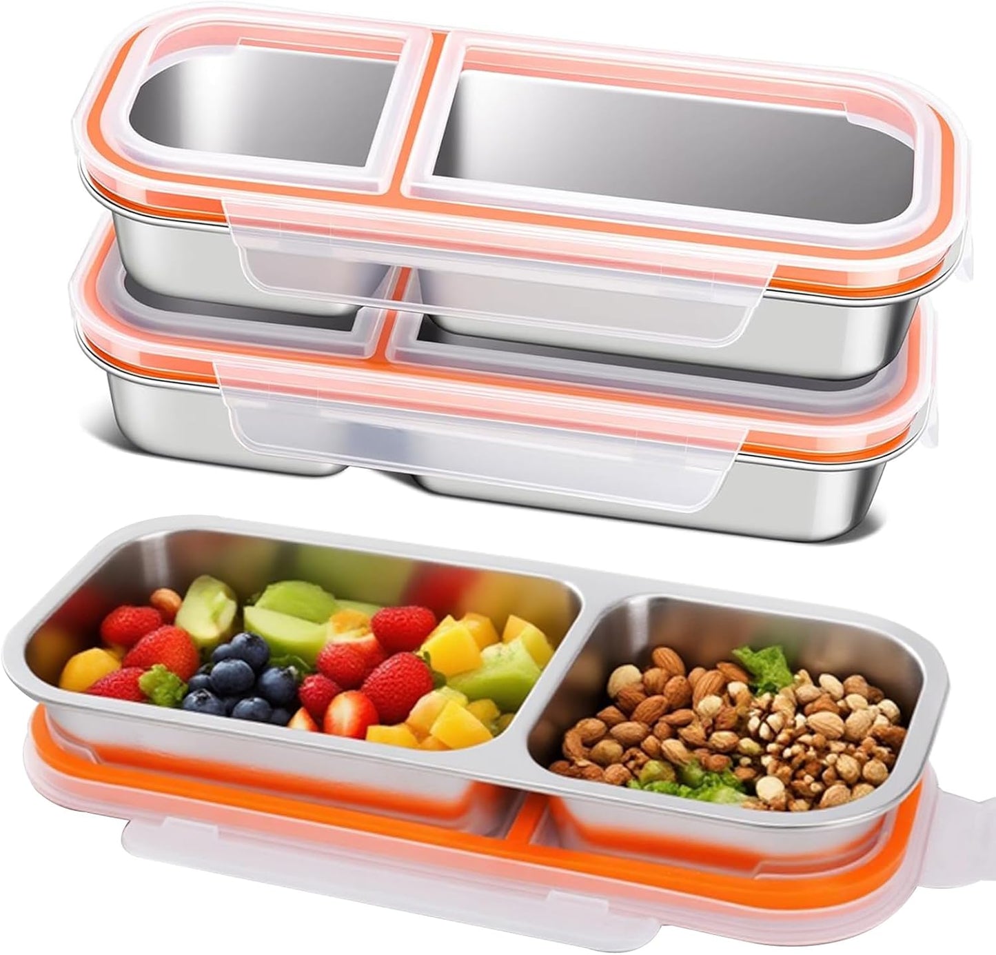 Stainless Steel Snack Containers with Lids, Reusable Condiment Storage Box, Divided Food Storage for School, Home, Travel, Multiple Compartment Leak-Proof Box (‎3 Compartment)