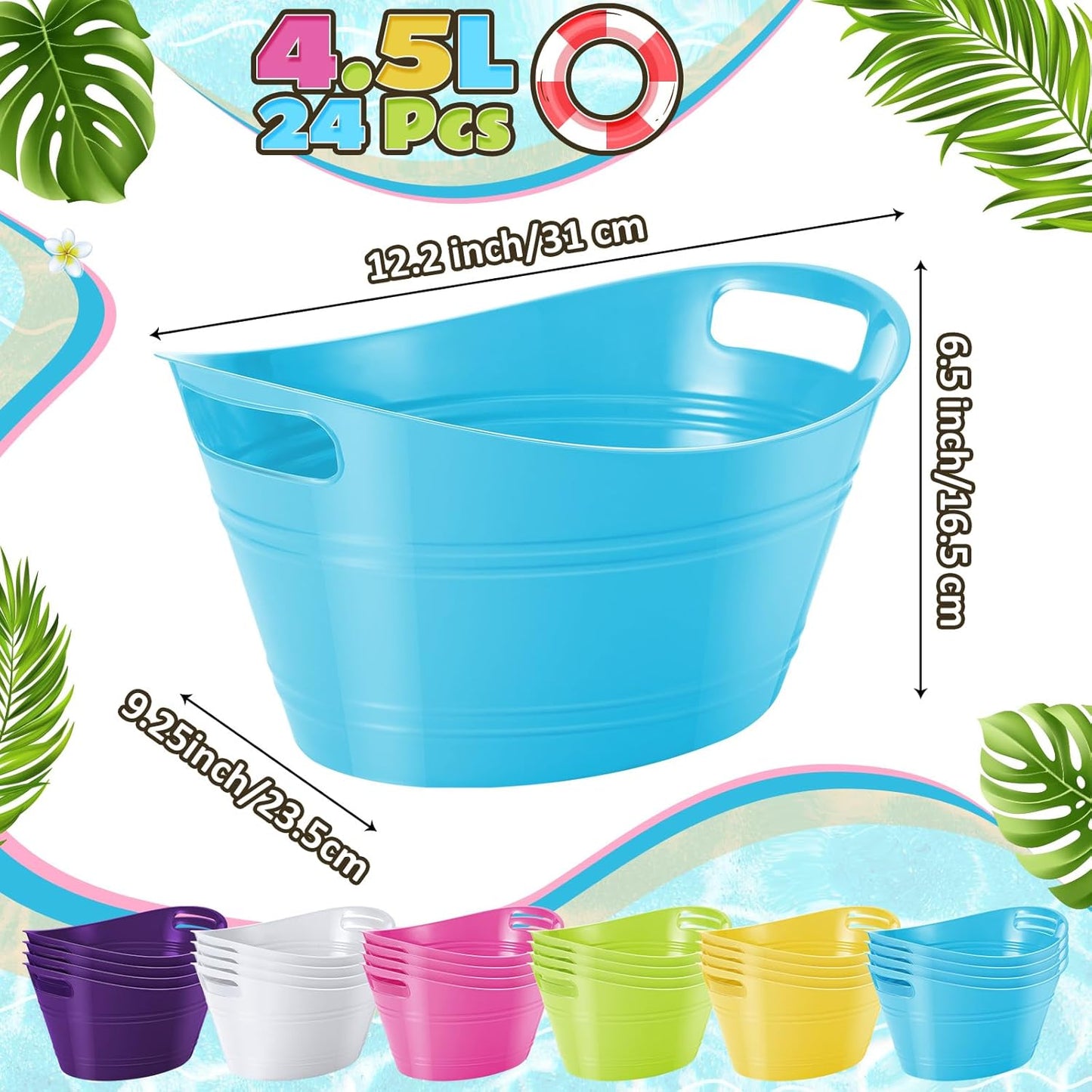 Norme 24 Pcs Oval Storage Tub with Handles, 4.5l Plastic Ice Buckets Bulk for Wine Beer Champagne Drink Cooler Beverage Storage Tub for Parties BBQ Weddings Party Outdoor Celebration(Blue & Red)