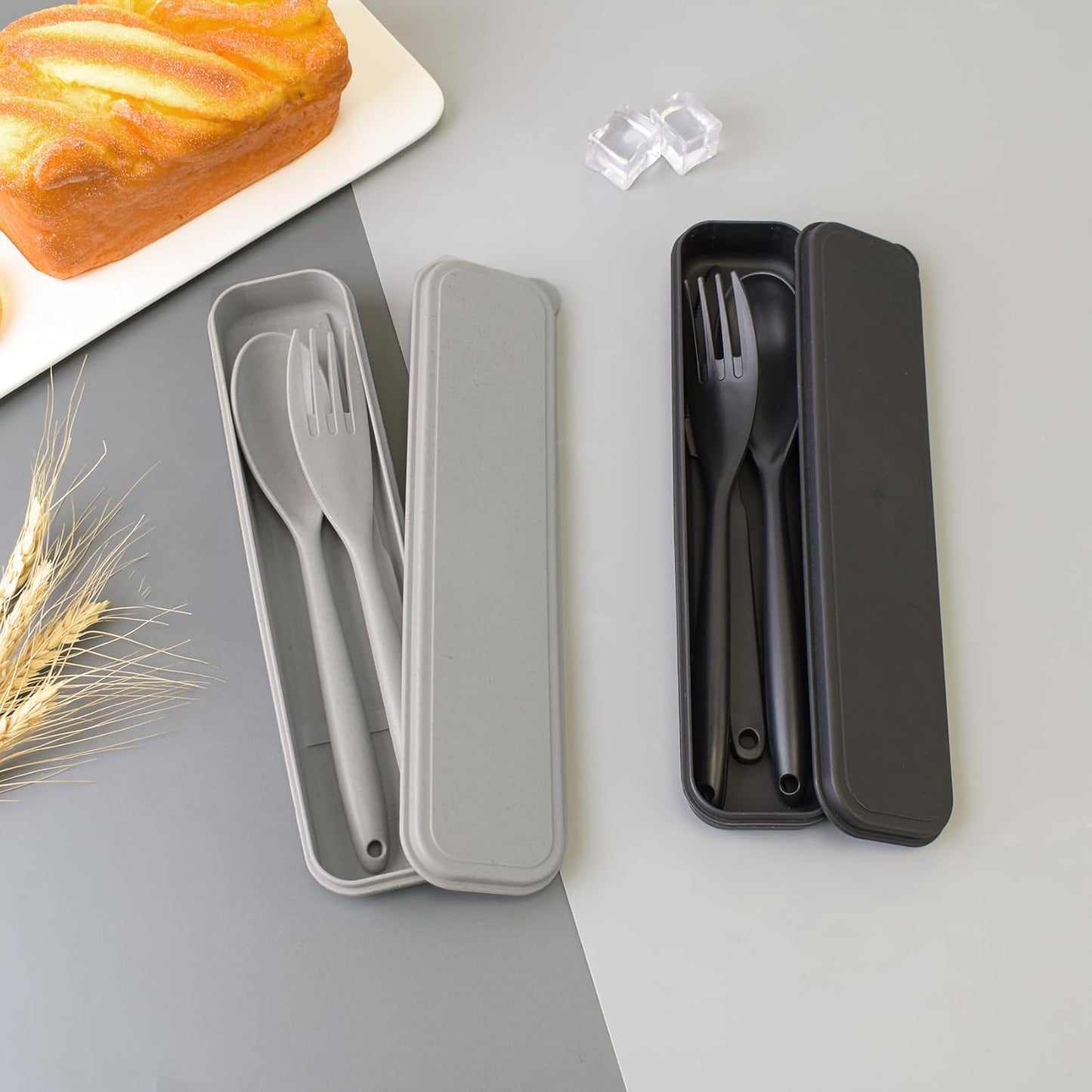 Large Reusable Utensils Set with Case, 2 Sets Portable Cutlery Set for Adults, Travel Fork Spoon Knife for Camping Work Picnic (Grey, Black)