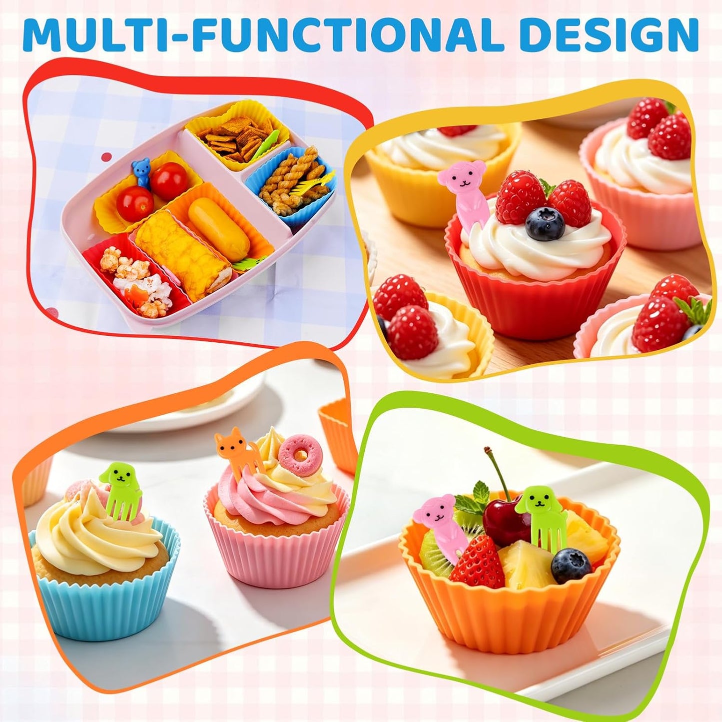 60 Pcs Silicone Lunch Box Dividers - Bento Box Accessories, Silicone Cupcake Liners Reusable Muffin Cups for Baking with Animal Food Picks (30 Cupcake Cups + 30 Picks)