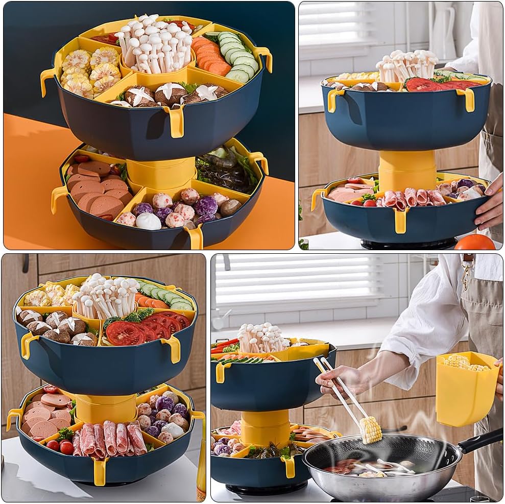 Rotatable Vegetable Draining Basket with Handle - Multi-Grid Hot Pot Serving Platter for Fruits and Vegetables