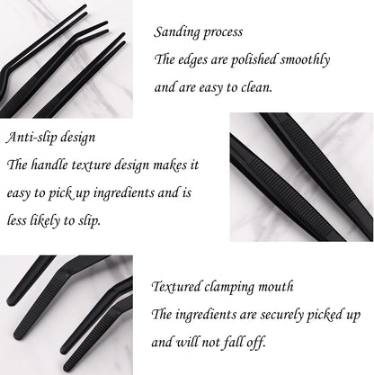 Professional Stainless Steel Food Tongs Stainless Steel Kitchen Tweezers Tongs Set 11.8 Inch Professional Chef Cooking Tools for BBQ Plating Baking (3, Black)