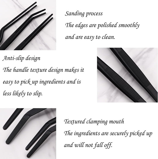 Professional Stainless Steel Food Tongs Stainless Steel Kitchen Tweezers Tongs Set 11.8 Inch Professional Chef Cooking Tools for BBQ Plating Baking (3, Black)