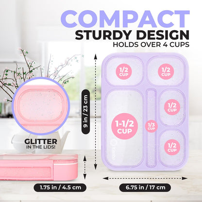 Glitter Lunch Box for Girls, Bento Boxes for School, Pre-School, Toddler Daycare, Travel. Kids Snack Containers, 6 Divided Leak Proof Compartments, BPA Free, Cute 2 Pack Set, Utensils, Pink & Purple