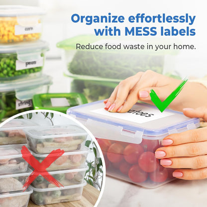 MESS Removable Food Labels for Containers (96-Pack) 1x3 & 1.5" Erasable Kitchen Labels for Organizing, Freezer & Fridge, White Dry Erase Labels for Jars