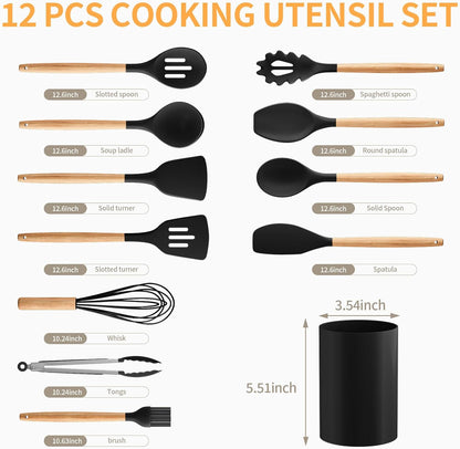 Silicone Cooking Utensil Set,12 PCS Cooking Cookware Kitchen Utensils Set for Cooking, Nonstick 446°F Heat-Resistant Cookware Kitchen Tools of Spoon,Brush,Whisk,Spatula,Turner Tongs (Khaki)