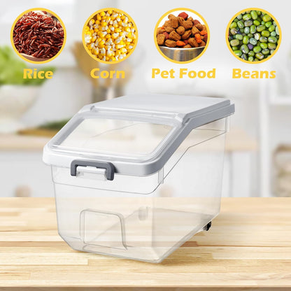 Sunnyray 4 Pcs Rice Storage Container 22 lb Airtight Flour Container with Wheels Measuring Cup Clear Pet Food Cube Dog Cat Birds Food Bin Grain Cereal Organizer Box for Dry Baking Supplies(White Lid)