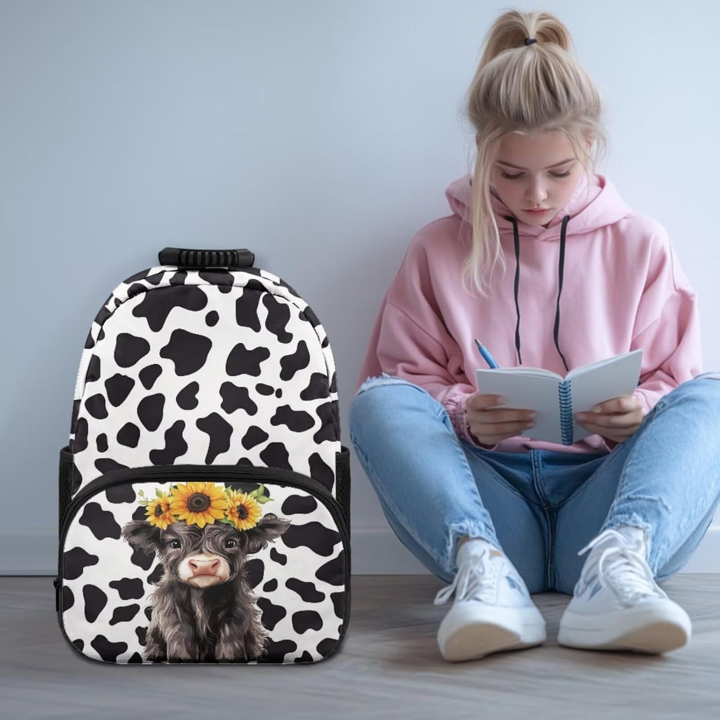 Highland Cow Backpack with Lunch Box Set for Kids Sunflower School Backpack for Girls Boys Back to School Bag Student Travel Backpacks Reusable Utensils Pen Case Water Bottle Bag 5PCS