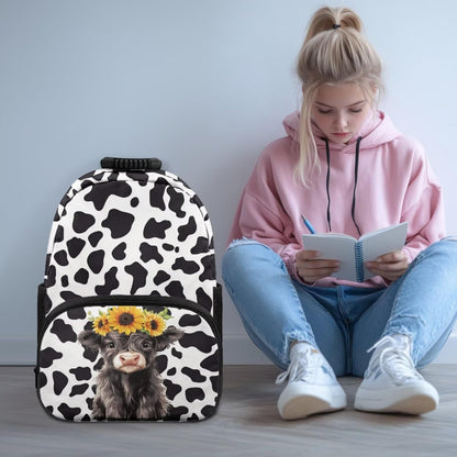 Highland Cow Backpack with Lunch Box Set for Kids Sunflower School Backpack for Girls Boys Back to School Bag Student Travel Backpacks Reusable Utensils Pen Case Water Bottle Bag 5PCS