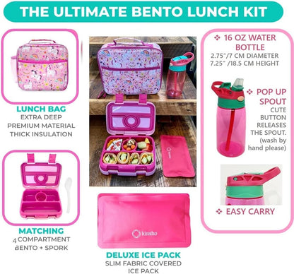 Bento Lunch Box with Bag, Water Bottle & Ice Pack Set for Kids Toddlers, 4 Portion Sections, Removable Tray, Pre-School Boy Toddler Daycare Lunches, Insulated Snack Container, Blue Space Dinosaur