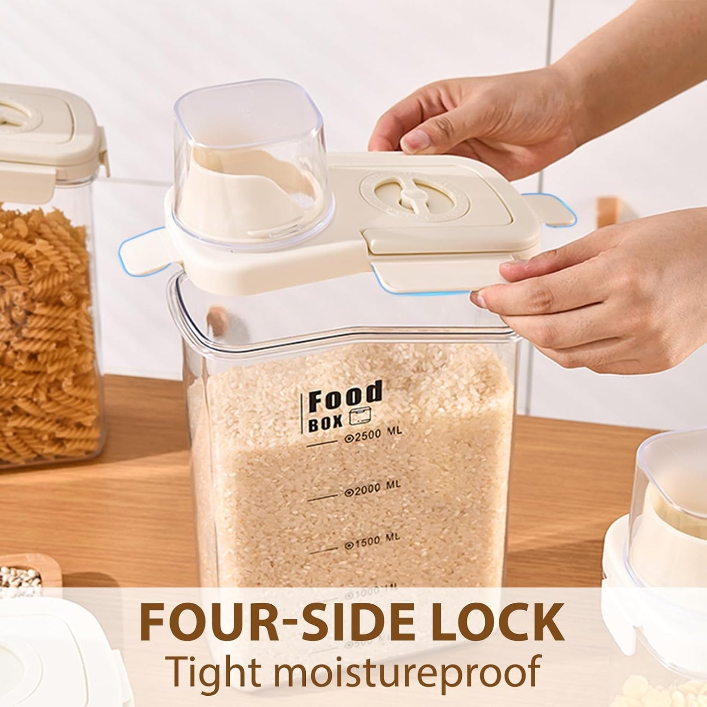 2800ml sealed food storage container with dumping outlet and handle, 2 transparent plastic kitchen grain distributors, suitable for grains, snacks, beans and flour.