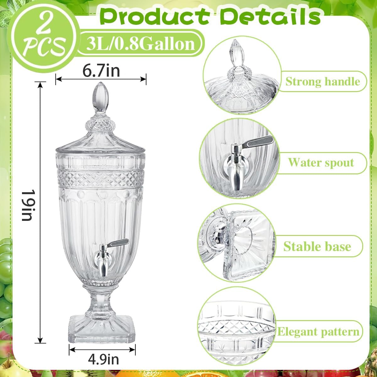 2Pcs Drink Dispensers for Parties, 0.8 Gallon Glass Beverage Dispenser with Glass Lid and Stainless Steel Spigot, Clear Crystal Beverage Dispenser for Parties, Weddings and Bar Decoration (2 PCS)