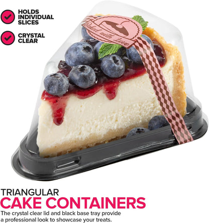 Cake Slice Containers Plastic Disposable, Cheesecake Boxes, Pie Container with Lid for Individual Slices of Cakes, Disposable Triangular Pie Box, Reusable, Complimentary Stickers (50 Pack)