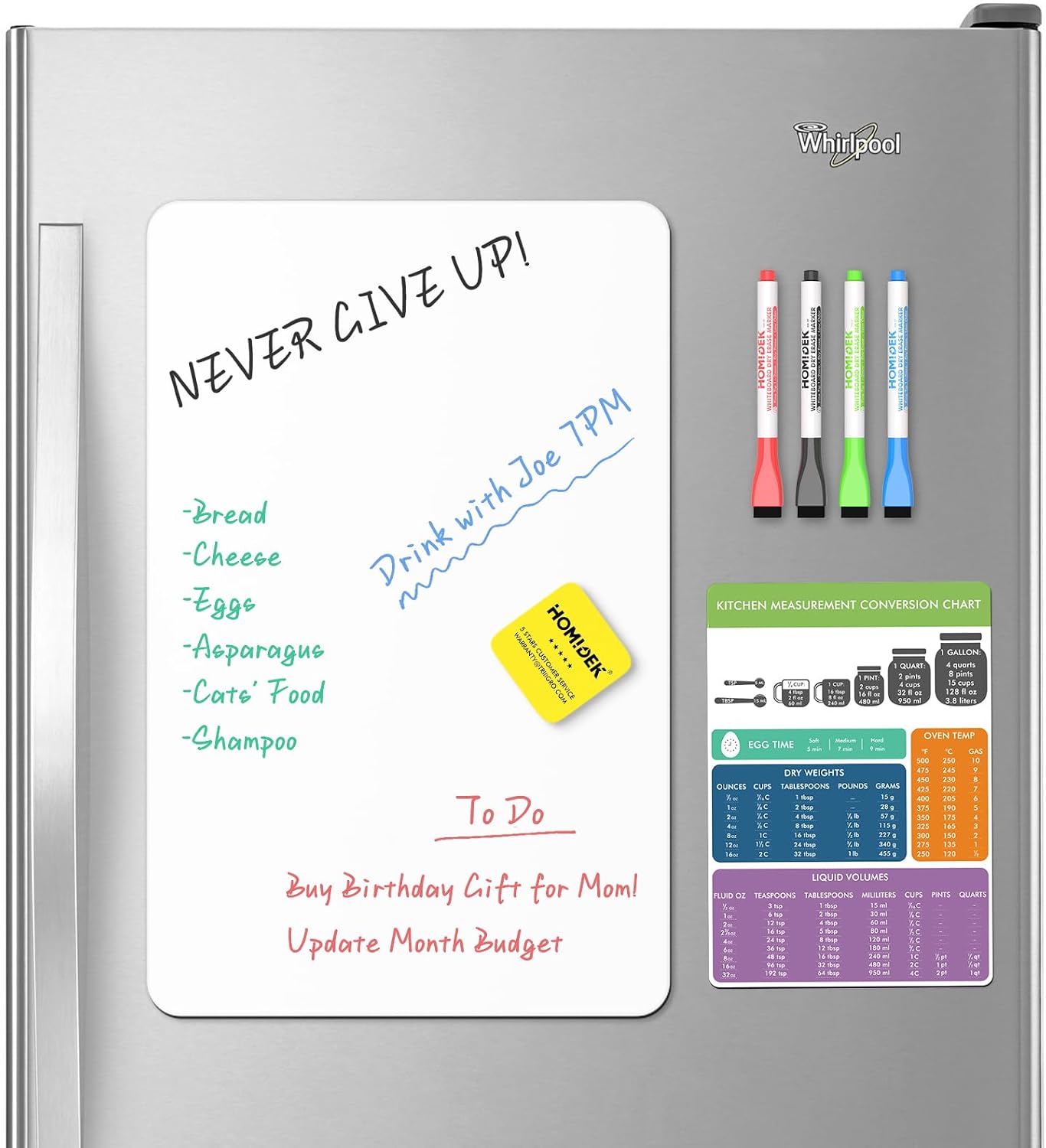 HOMiDEK Magnetic Dry Erase Board: Small Fridge Whiteboard, Flexible Refrigerator Magnet White Board, Blank Writing Note Sheet with Kitchen Conversion Chart Magnet, 4 Markers & Eraser - 12 x 8