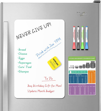 HOMiDEK Magnetic Dry Erase Board: Small Fridge Whiteboard, Flexible Refrigerator Magnet White Board, Blank Writing Note Sheet with Kitchen Conversion Chart Magnet, 4 Markers & Eraser - 12 x 8