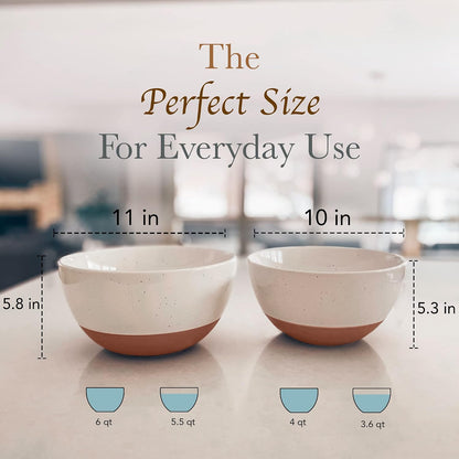 Mora Ceramic Large Mixing Bowls - Set of 2 Nesting Bowls for Cooking, Serving, Popcorn, Salad etc - Microwavable Kitchen Stoneware, Oven, Microwave and Dishwasher Safe - Extra Big 2.5 & 1.6 Qt - White
