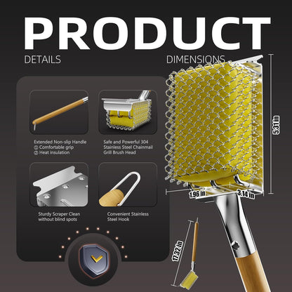HOUSE AGAIN Grill Brush Bristle Free with Scraper, Safe Steam Cleaned Replaceable Head Fire Resistant Grill Cleaning Brush Strong Barbecue Brush Cleaner Non Wire for Outdoor Grill Grate/Wooden Handle