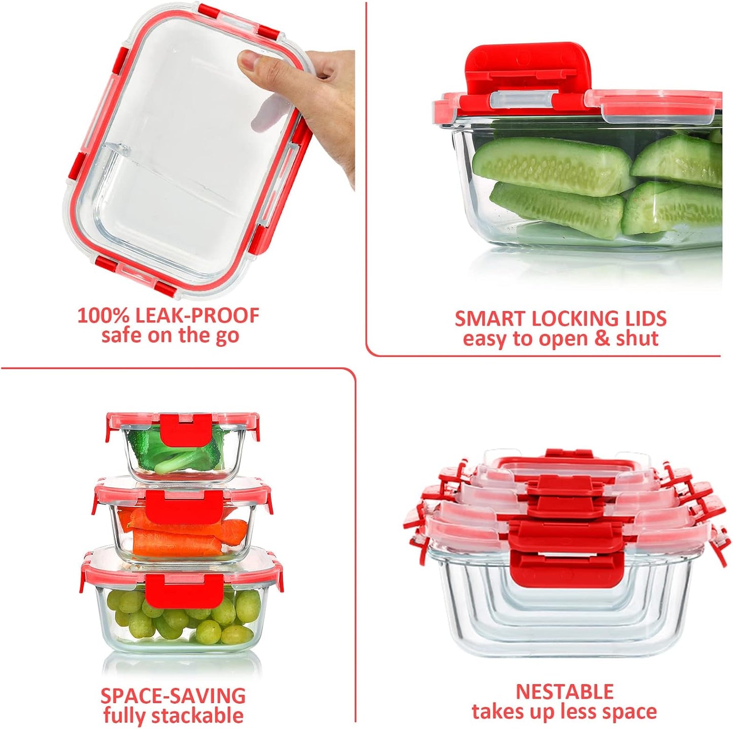 KOMUEE 24 Pieces Glass Food Storage Containers Set, Meal Prep Containers-Stackable Airtight Glass Storage Containers with lids,Freezer, Microwave, Oven Safe,Green