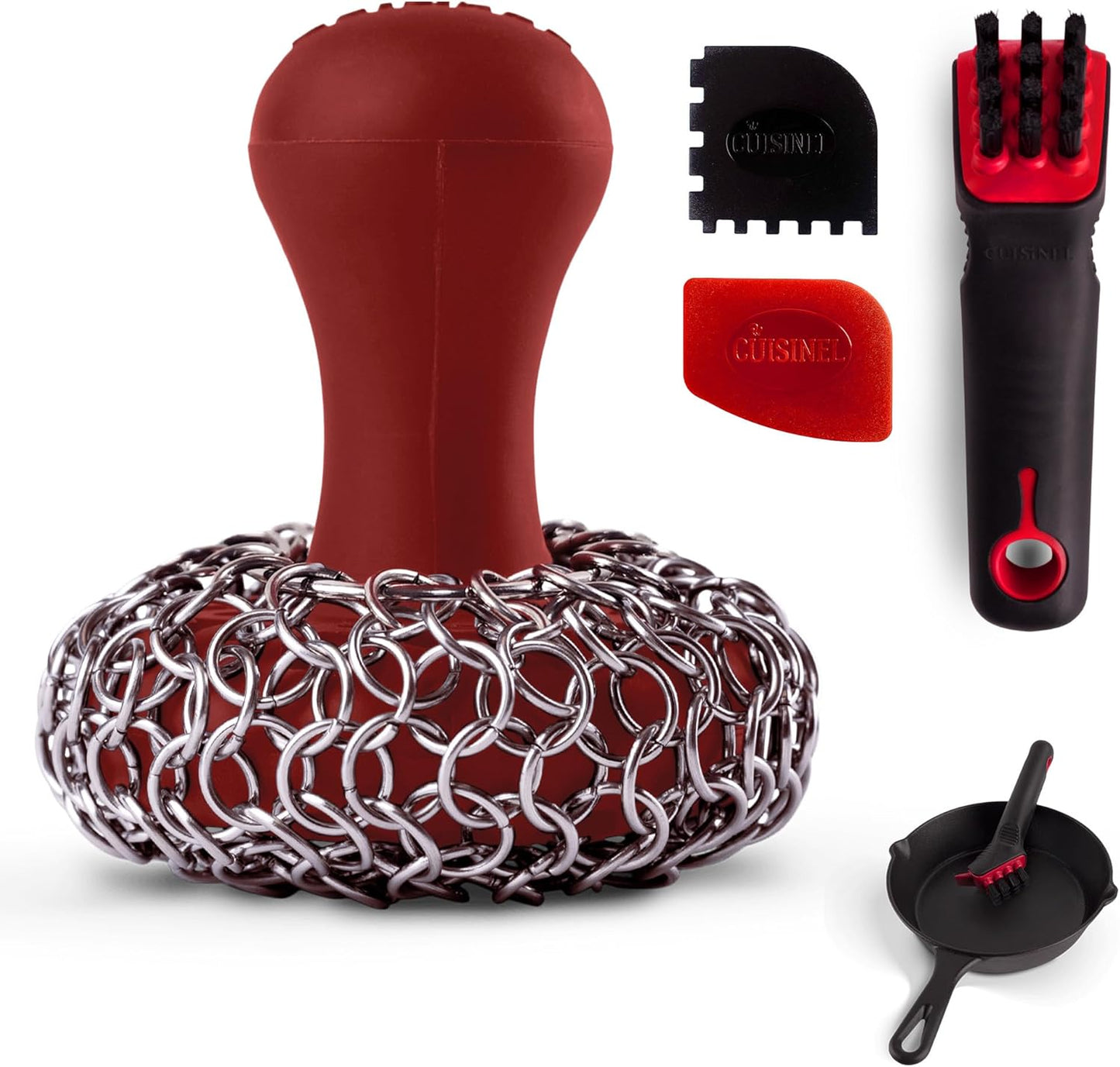 Cuisinel Cast Iron Scrubber Cleaning Brush + Pan/Grill Scraper - Skillet and Grill Cleaner Kit - Soft-Touch Confident-Grip Dish Scrub Tool - Tough on Grease, Gentle on Metal and Non-Stick Cookware