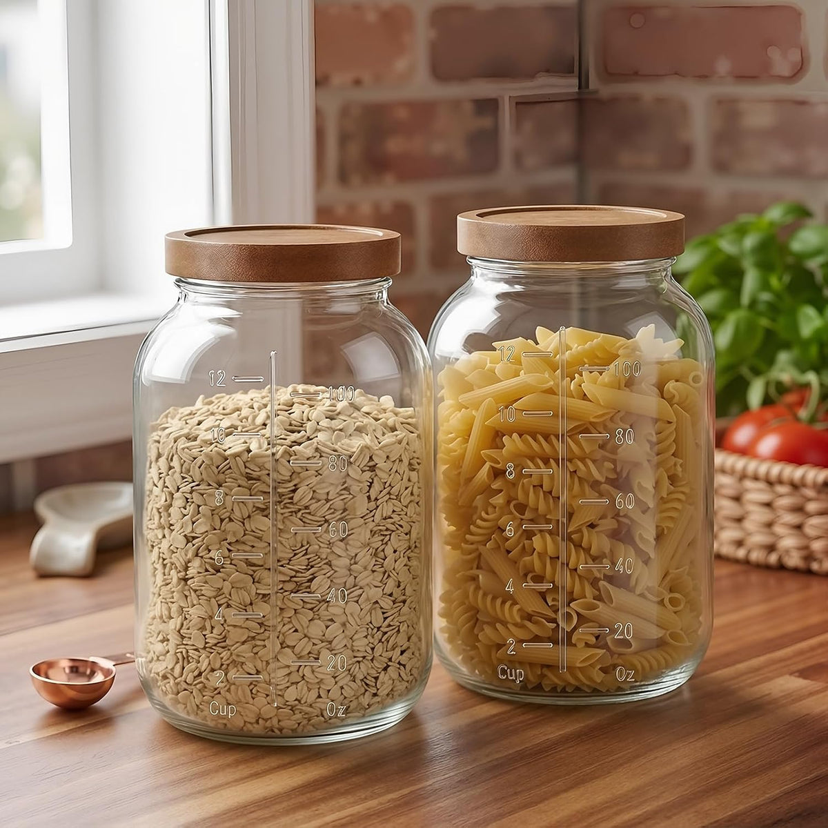 2 Pack Glass Flour Sugar Storage Containers with Acacia Wooden Lid, 1 Gallon Glass Jars with Airtight Lid, Wide Mouth Large Mason Jars 128oz for Rice, Pasta, Oats, Coffee Storage