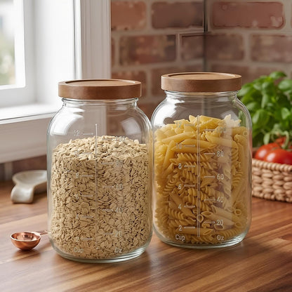 2 Pack Glass Flour Sugar Storage Containers with Acacia Wooden Lid, 1 Gallon Glass Jars with Airtight Lid, Wide Mouth Large Mason Jars 128oz for Rice, Pasta, Oats, Coffee Storage