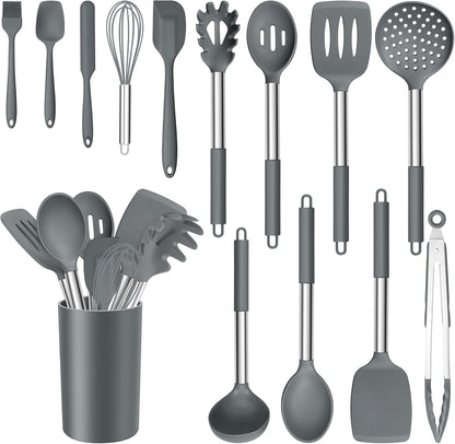 E-far 14 Pieces Silicone Cooking Utensils Set, Kitchen Utensils Set with Holder, Spatula, Ladle, Spoon, Tong, Slotted Turner for Nonstick Cookware, Heat Resistant & Stainless Steel Handle, Black