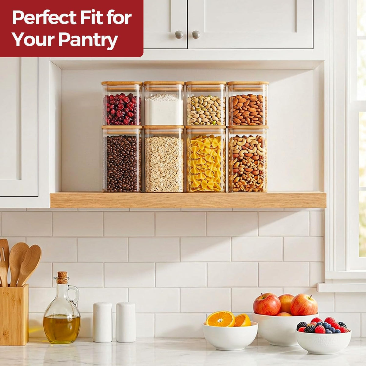 2-Pack 1 Gallon Square Glass Flour and Sugar Containers with Lids, Large Airtight Pantry Jars for Baking - Glass Canisters with Scoops & Labels for Bulk Food