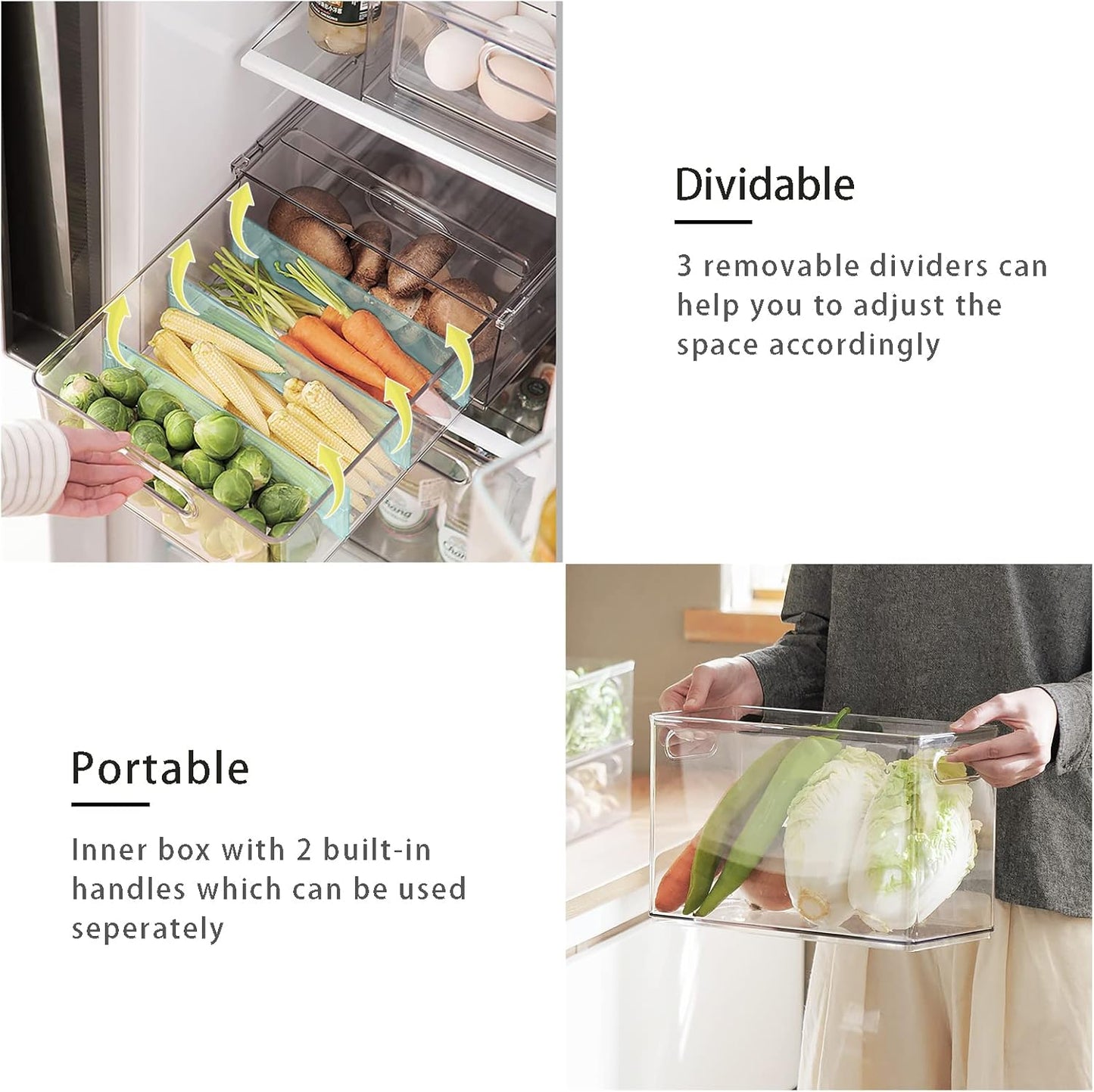 3Pack Fridge Organizer Drawer Divider Cube Pull-Out Bins Clear Food Container Refrigerator Storage box Produce Saver for Pantry Kitchen Cabinet