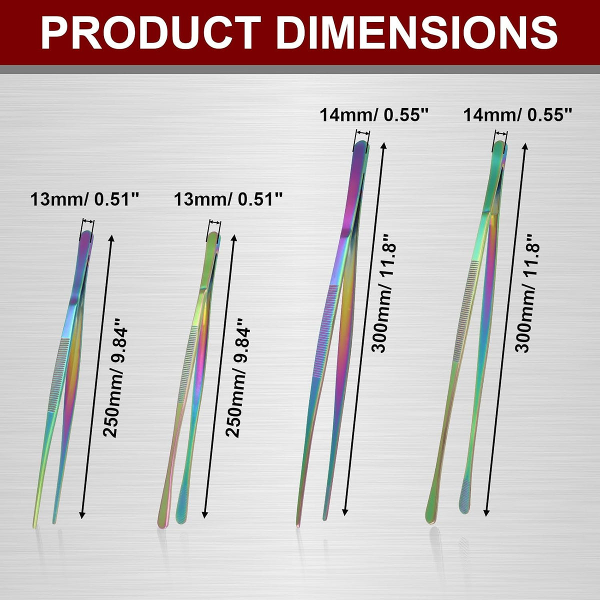 12 Inch & 10 Inch Fine Long Tweezers Tongs Stainless Steel, Rainbow Professional Kitchen Tweezers Tongs for Cooking, BBQ, Plating, Repairing (Pack of 4)
