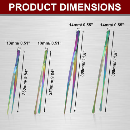 12 Inch & 10 Inch Fine Long Tweezers Tongs Stainless Steel, Rainbow Professional Kitchen Tweezers Tongs for Cooking, BBQ, Plating, Repairing (Pack of 4)
