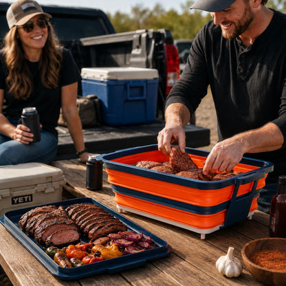 Collapsible BBQ Prep Tub with Convertible Cutting Board Design & Serving Lid – XL Brine Container & Meat Prep System for Brisket, Smoking, Grilling, Camping & Tailgating