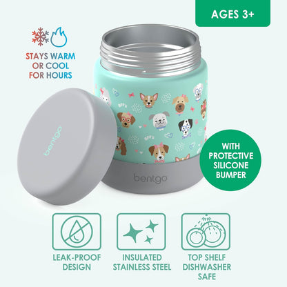 Bentgo Kids Stainless Steel Food Jar - 11oz Leak-Proof Double Insulated Hot or Cold Food Container with Removable Silicone Bumper, Dishwasher Safe, Easy Open Lid, Ages 3+ (Trucks)