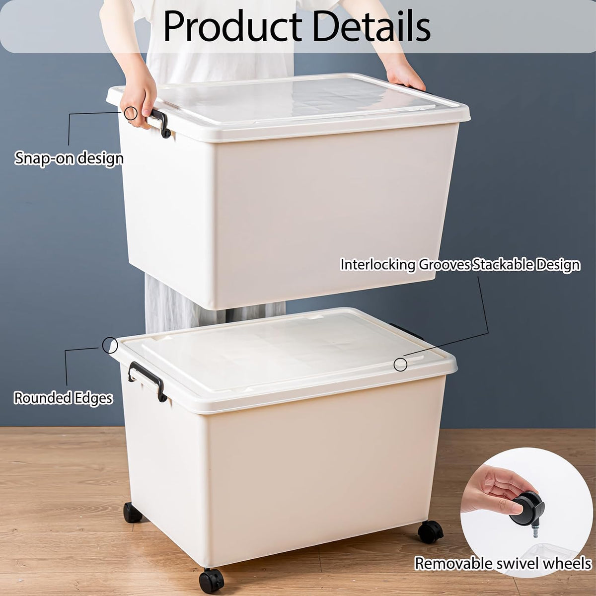 3 Extra Large Storage Bin with 4 Quiet 360° Swivel Casters - 55cm Heavy Duty Organizer with Snap-On Lid, Dust-Proof Moisture-Proof, Stackable Design for Living Room, Bedroom, Study