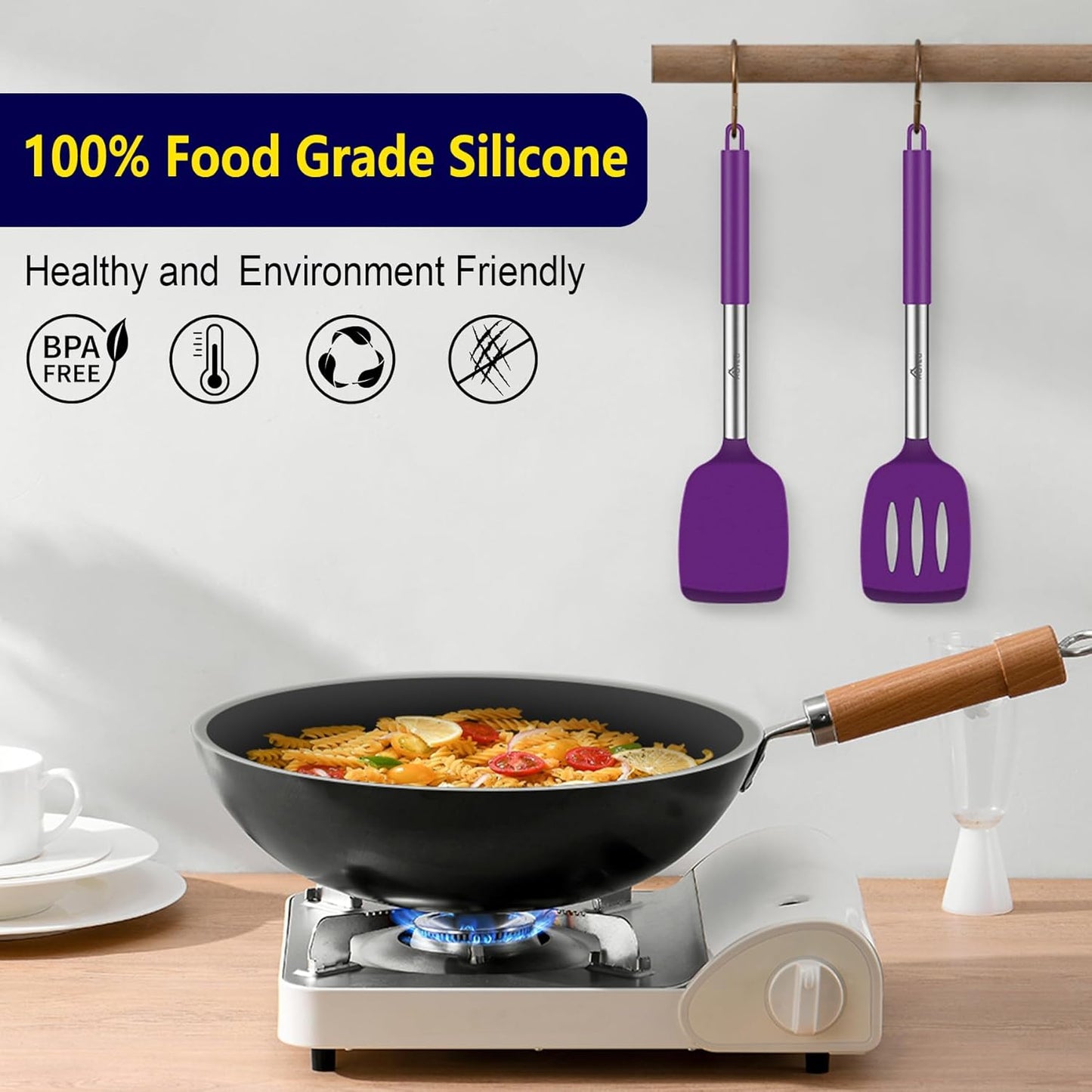 HOTEC Silicone Spatula Set of 2 Heat-Resistant 600°F & BPA-Free Kitchen SaptulaTurner with Stainless Steel Handles, Slotted & Solid Spatulas for Nonstick Cookware, 13.7 Inch, Classic Blue