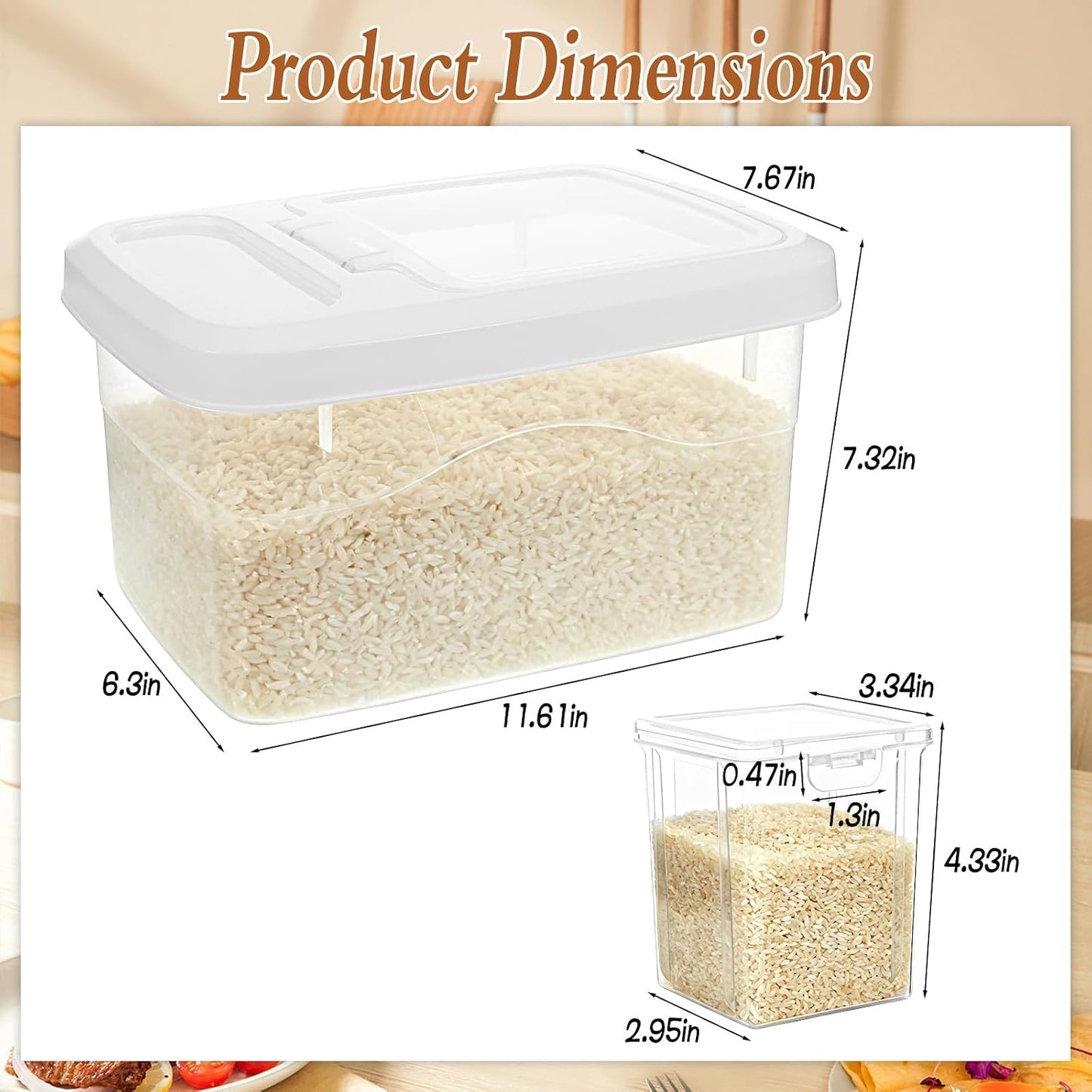 16lb Rice Storage Container and 3lb Storage Bin Set, Rice Container Airtight Grain Dispenser Kitchen Pantry Organizer Pet Dog Cat Food Container for Dry Food Cereal Grain